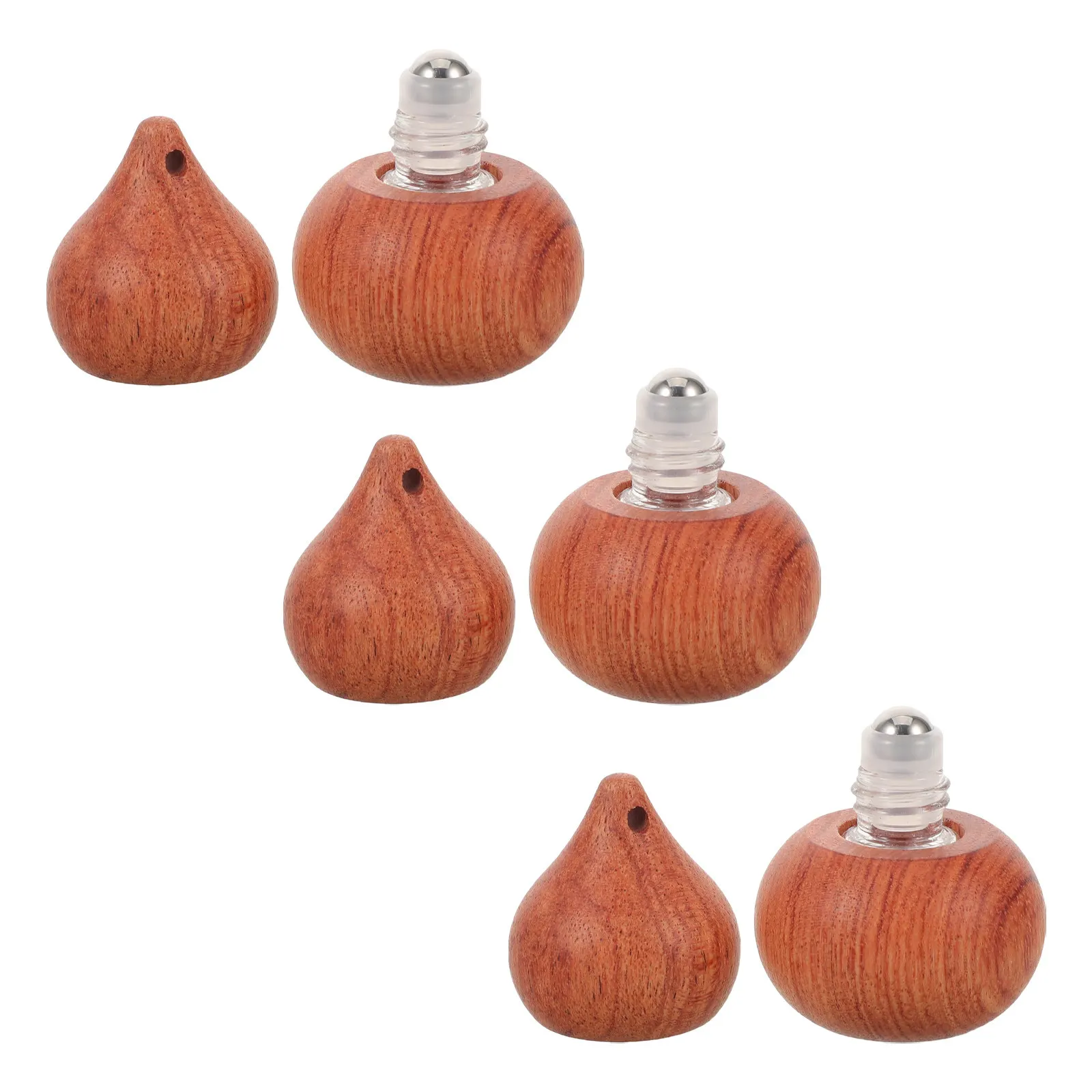3Pcs Hanging Car Diffuser Bottle Wood Essential Oil Holder Pendant Gourd Shape Empty Roll on Refillable Aromatherapy Jar