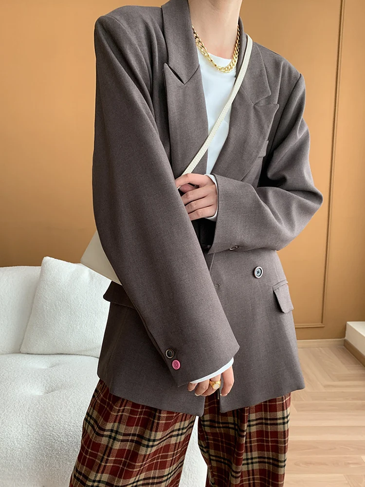 [EAM] Women Coffee Gray Khaki Elegant Big Size Blazer New Lapel Long Sleeve Jacket Fashion Tide Spring Autumn 2024 1DH7054