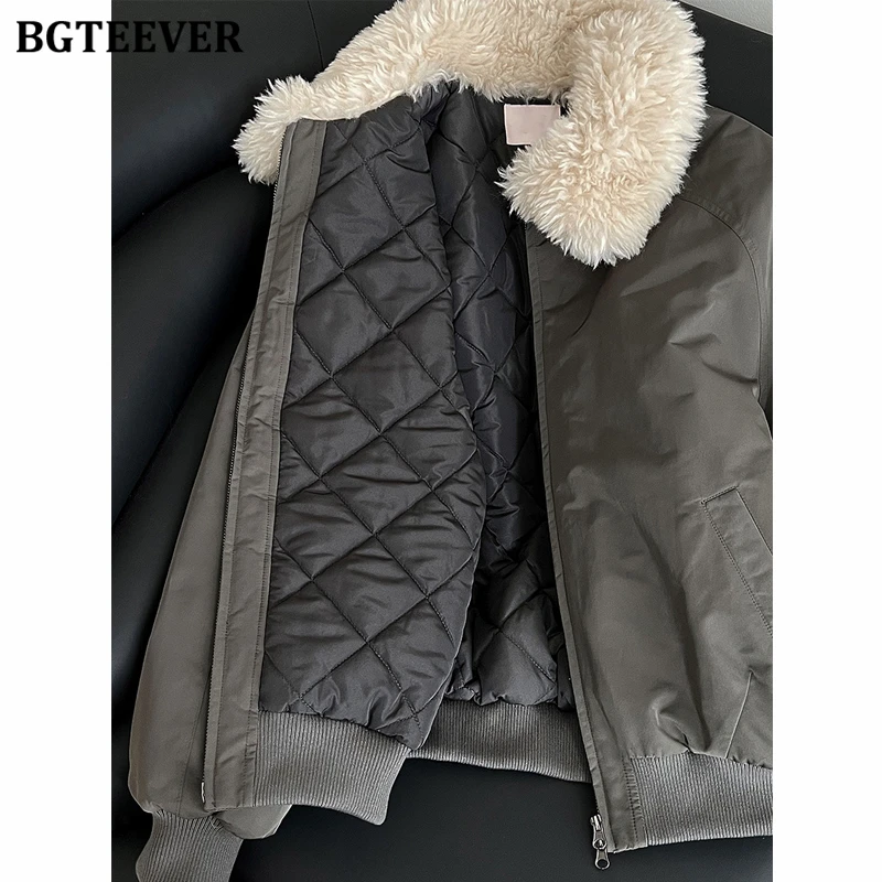 BGTEEVER Eleganckie Jesienno-Zimowe Kurtki Damskie z Luźnymi Kieszeniami, Zapinane na Zamek, Codzienne Kurtki z Długim Rękawem, Kołnierzem, Grube i Ciepłe Płaszcze Damskie