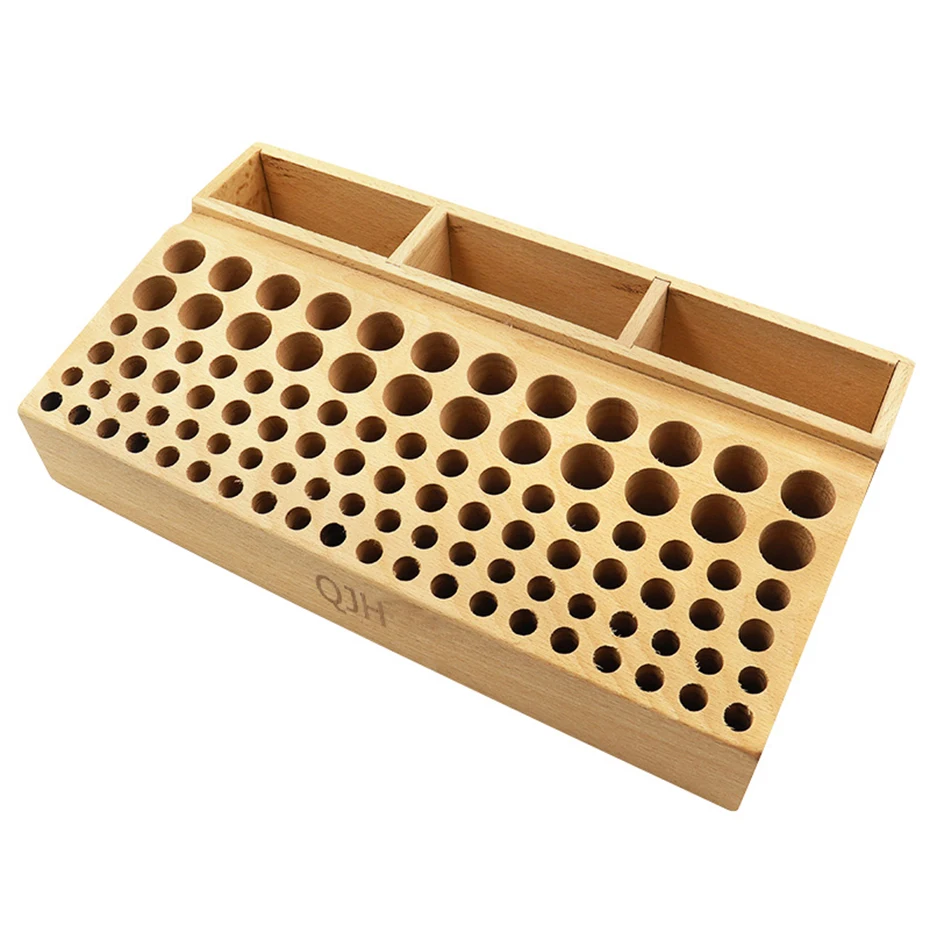 QJH Handwerkzeughalter-Box mit 46/98 Löchern, Organizer, Holzständer für Lederhandwerk, Stanzwerkzeuge, Schnitzwerkzeuge, Bohrer-Aufbewahrung – Detail 12