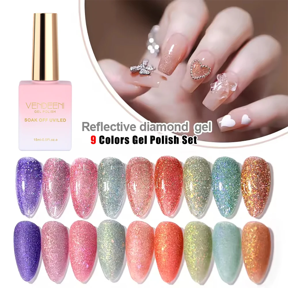 

Vendeeni 9 Colors/Set Glitter Broken Diamonds Gel Nail Polish UV Soak Off Gel Varnish Reflective Laser Nail Art Gel With Display