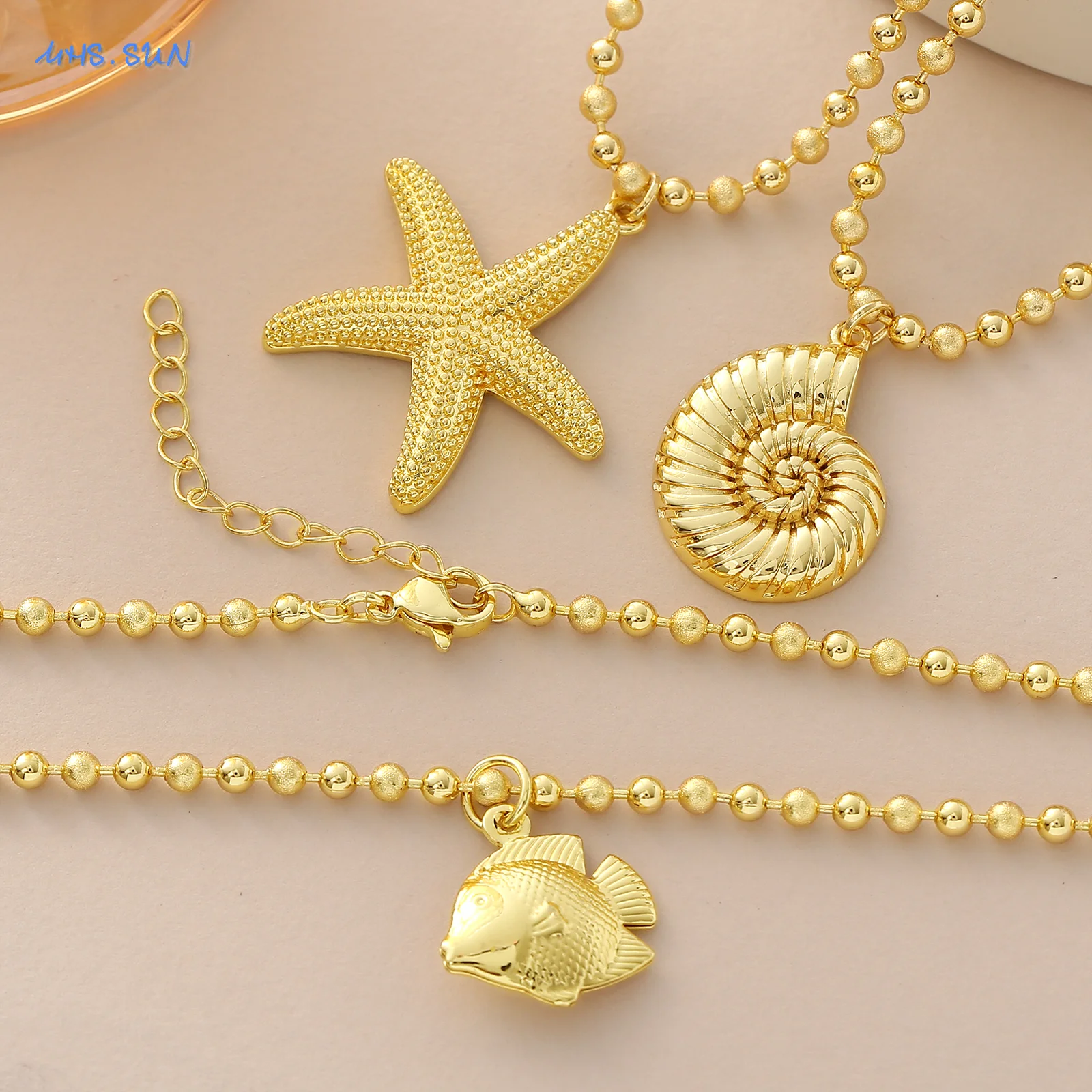 MHS.SUN الكلاسيكية نجم البحر/محارة/الأسماك قلادة القلائد بسيطة مطلية بالذهب مطرز سلسلة مجوهرات هدايا الصيف للرجال النساء