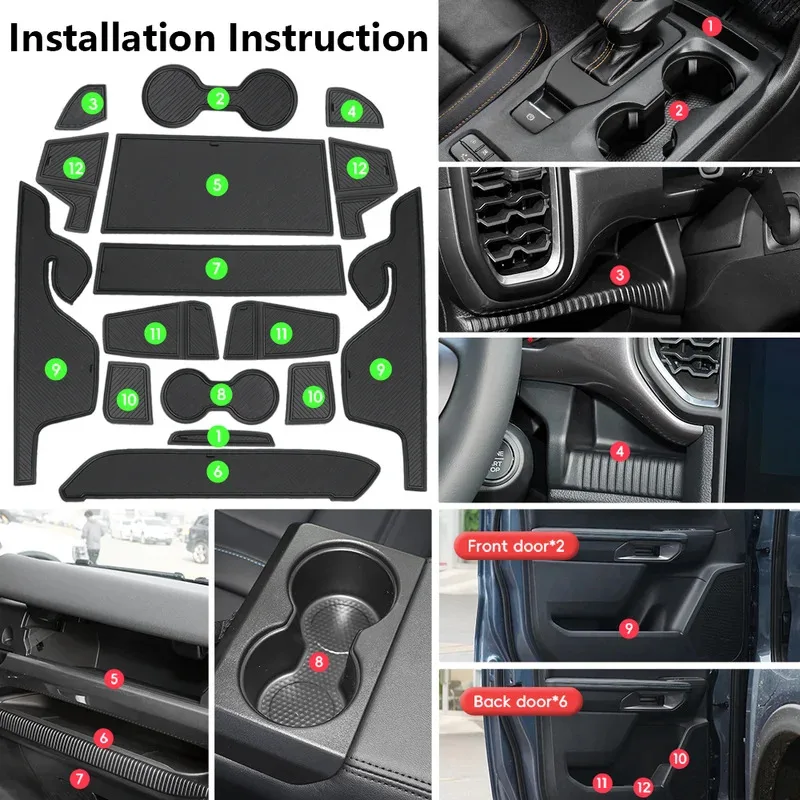 

Car Door Groove Mats For Ford Ranger T9 2023 2024 2025 Anti-Slip Auto Cup Holder Coasters Cushion Pads Non-Slip