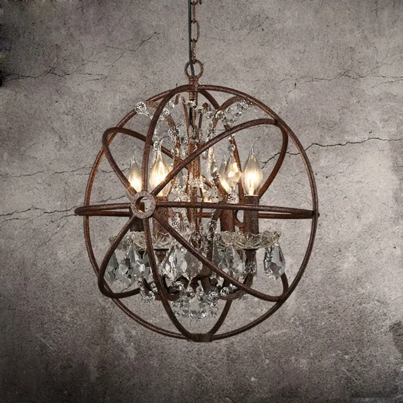 

American industrial style crystal pendant light, rust colored iron globe, dining room light, living room pendant light