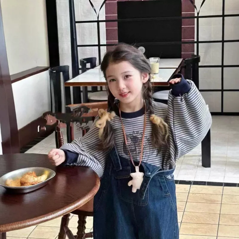 Girls' Set Navy Drop Shoulder Sleeve Striped Sweatshirt with Denim Overalls2025Autumn New Fashion Foreign Trade Children's Cloth