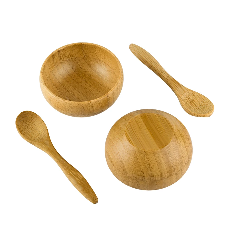 Eco friendly Handmade 100% Natural Round face mask and brush small mini size bamboo wooden bowl and spoon