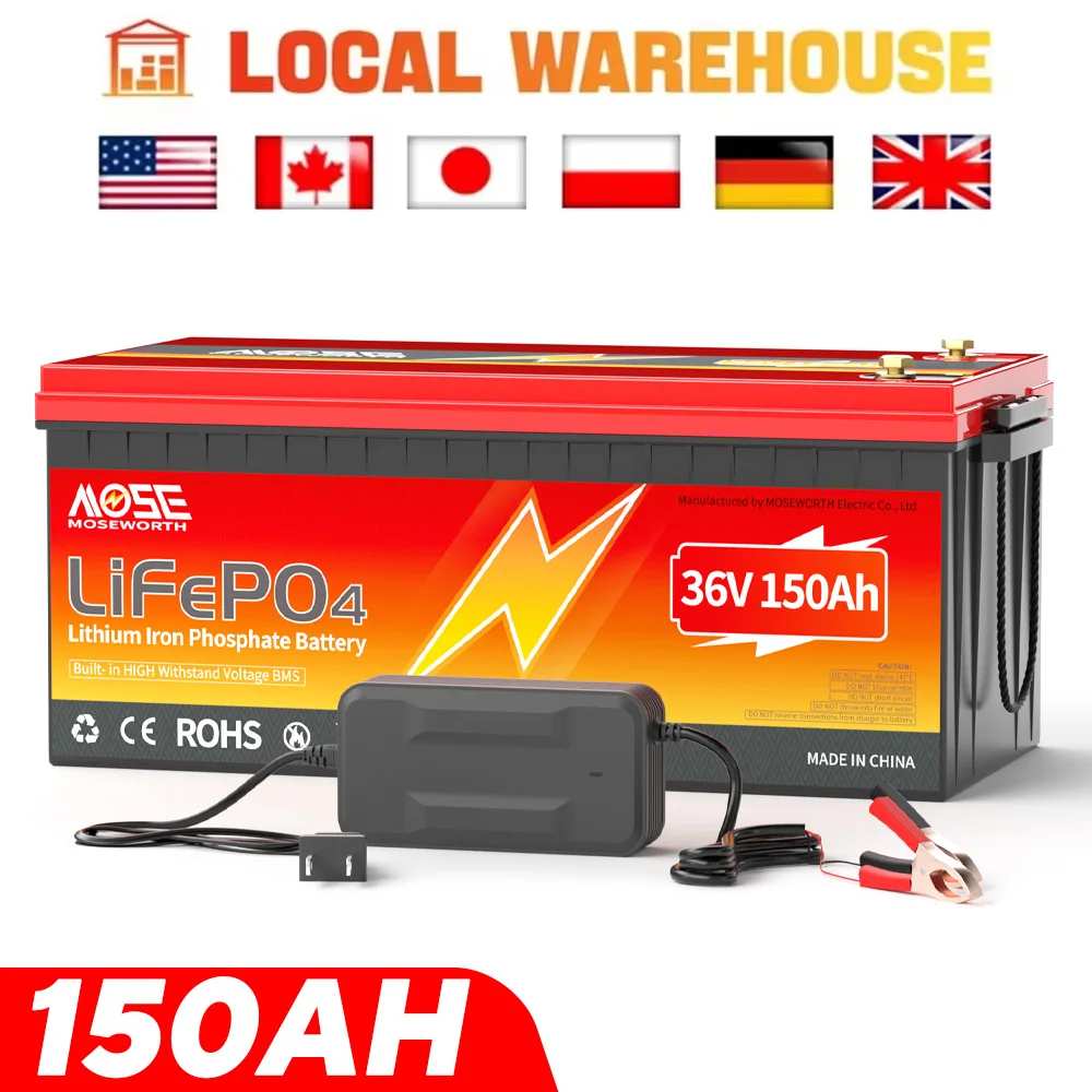 

36V 150Ah Lithium Battery 36 Volt 150Ah LiFePO4 Battery Built-in 200A BMS with Charger for Golf Carts Trolling Motor Solar RV