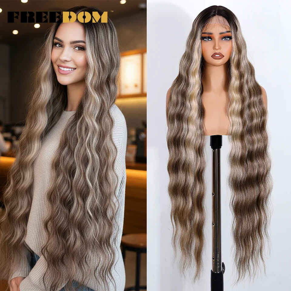 FREEDOM Synthetic Lace Front Wigs For Black Women 36 Inch Long Deep Body Wavy Lace Wig Ombre Brown Blonde White Cosplay Wig