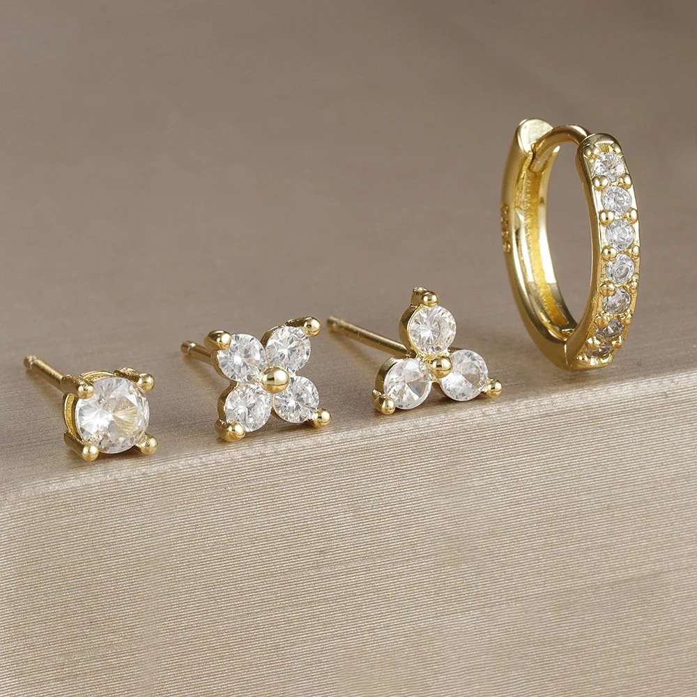 4pc 18K Gold Plated Flower Round Piercing Earrings Set