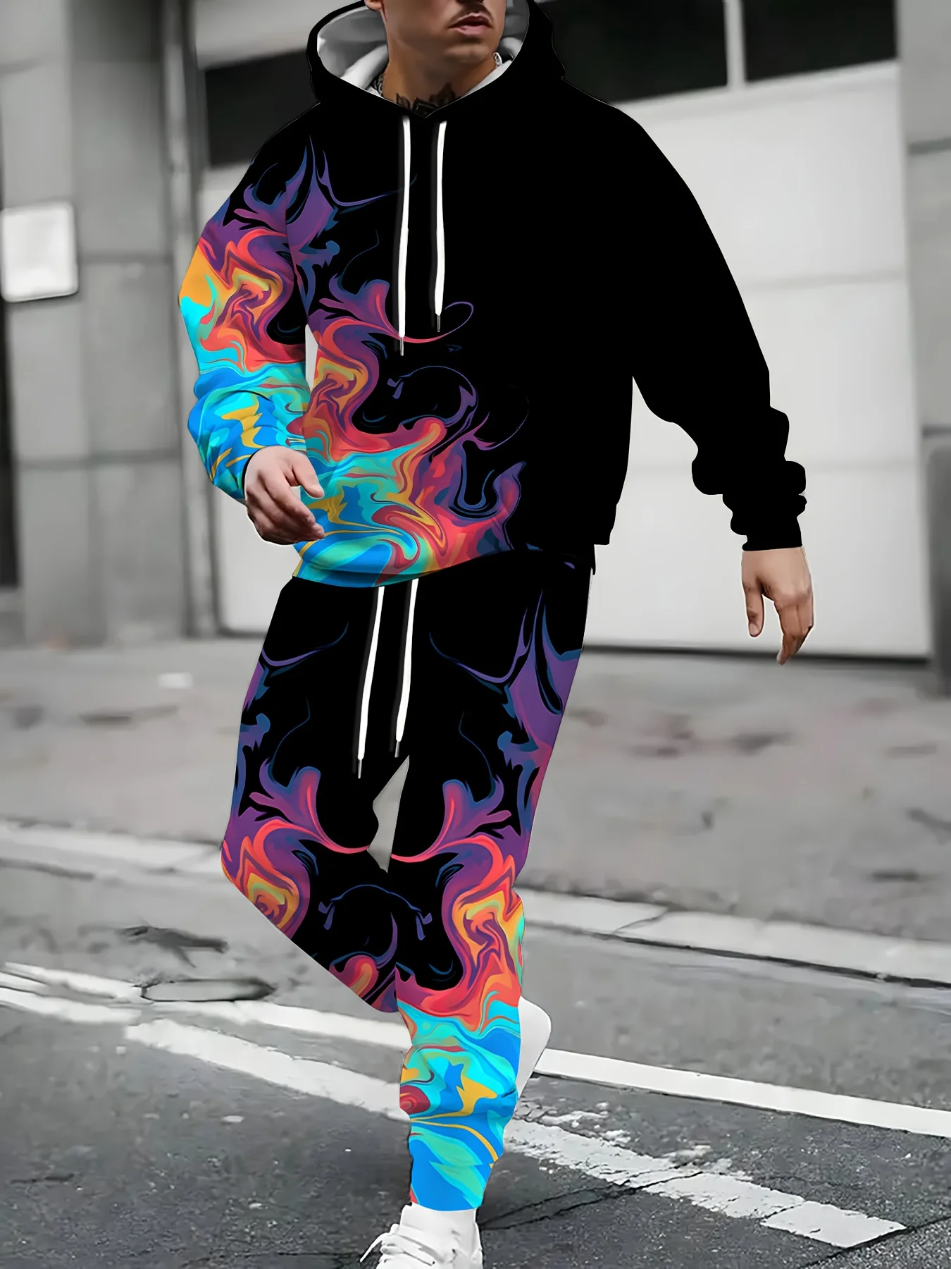 Traje con capucha con estampado 3D de bloques de Color abstracto, sudaderas para hombre, sudaderas con capucha, pantalones de chándal, conjunto de chándal de dos piezas a la moda, ropa para hombre