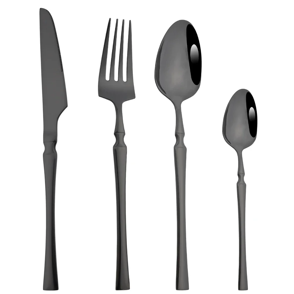 Black 4Pcs Cutlery Set Western Dinnerware Set Stainless Steel Tableware Knife Fork Spoon Teaspoon Home Kitchen Silverware Set