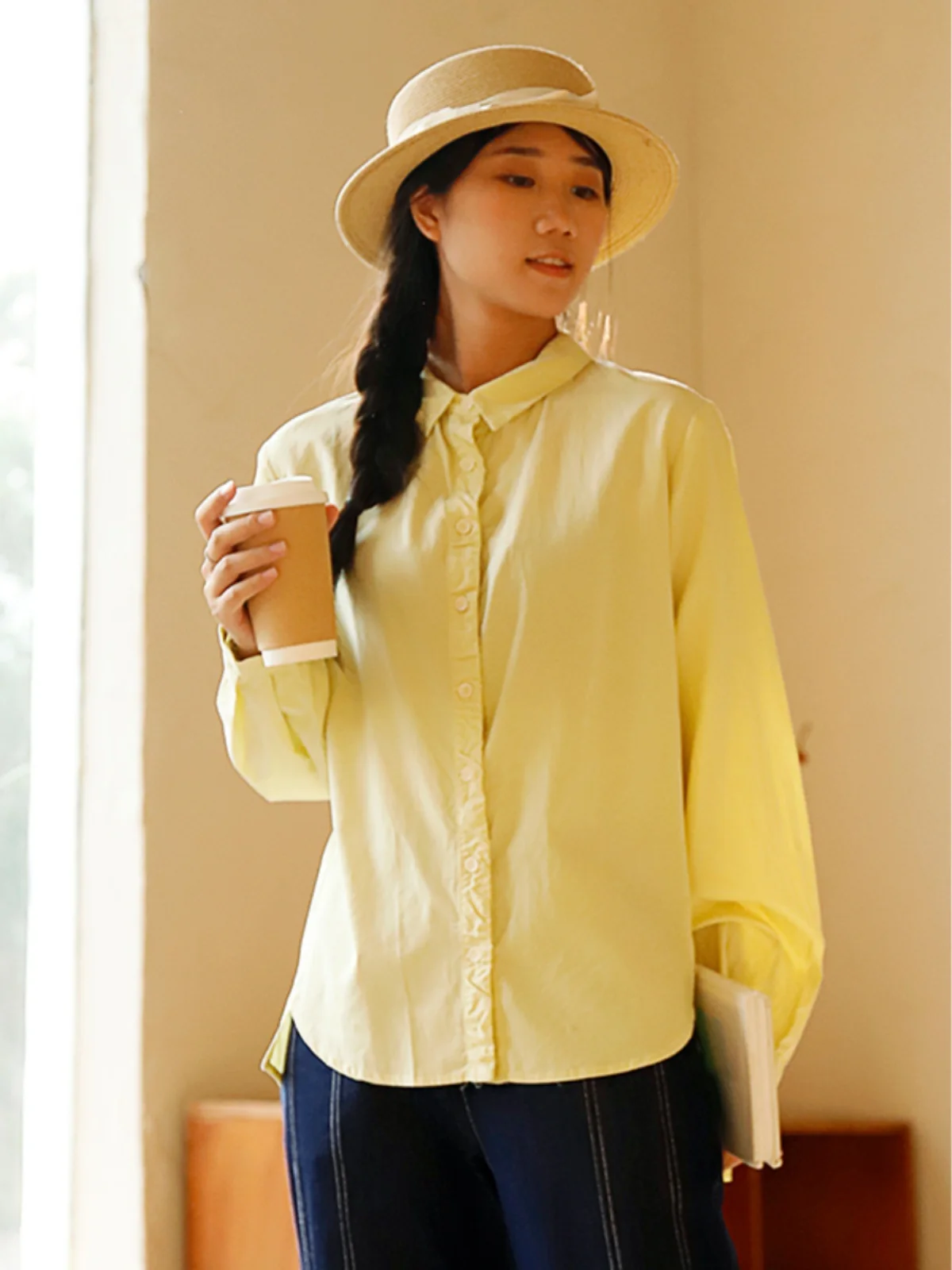 

Loose Long Sve irt Original Brand Women's Faion Commute Sle Turn-down Collar Cotton Button-up Pure Color