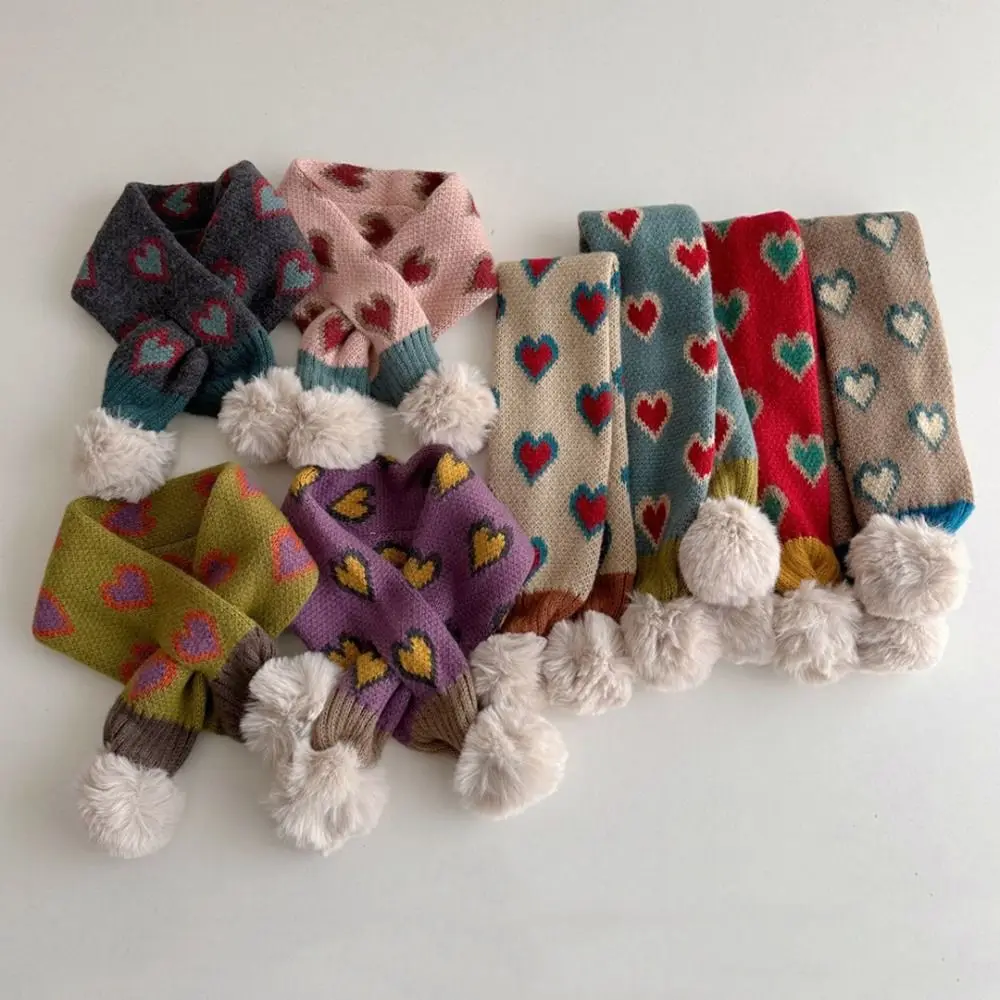 Thickened Children Knitted Scarf Adorable Heart Pattern Windproof Kids Muffler Cartoon Thermal Neck Warmer Fleece Cowl Scarf