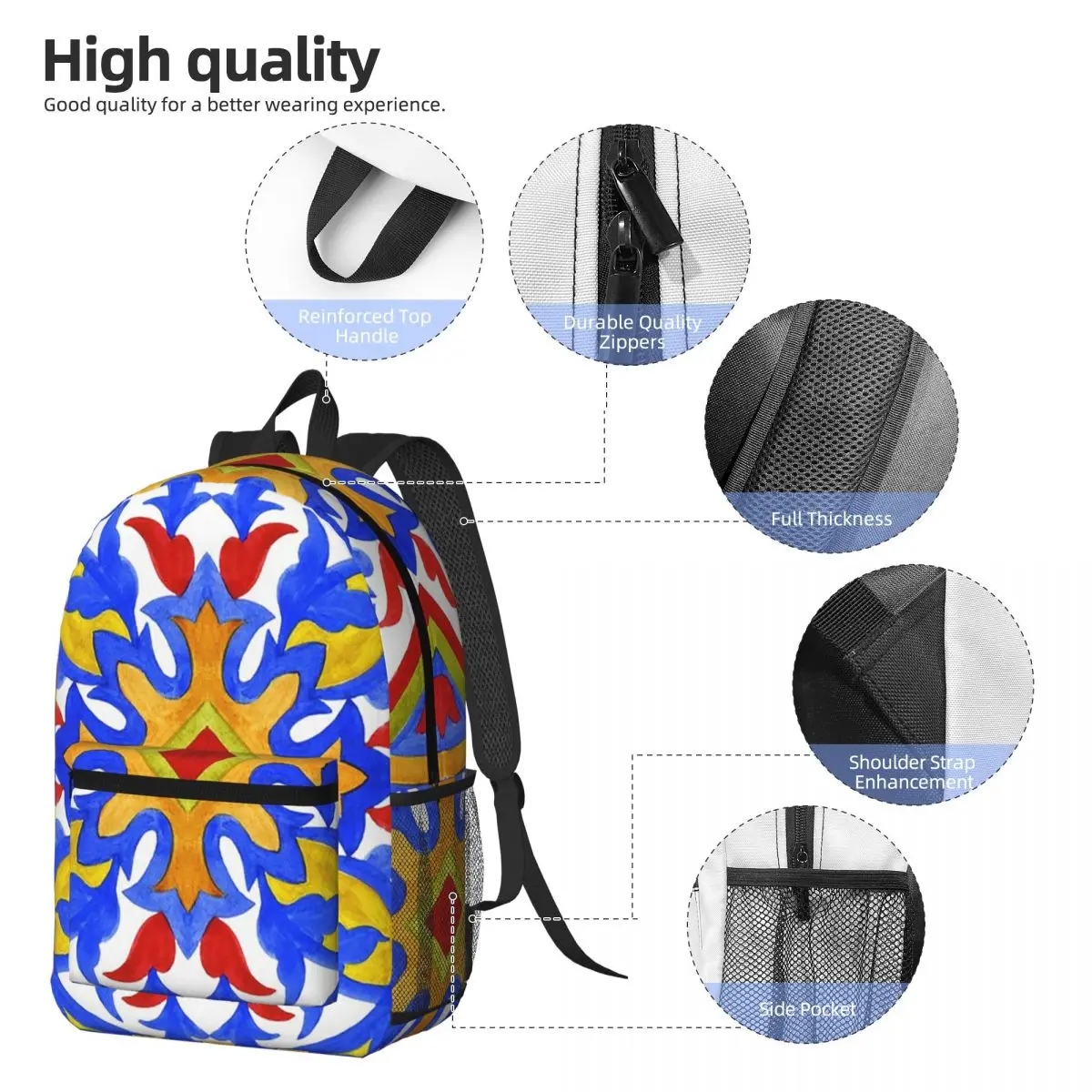 Portuguese Azulejo Tiles Backpack Daypack Large Capacity Kids BookBag School Bag Shoulder Bags for Men Women
