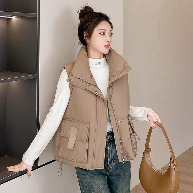 

2024 New Autumn Winter Down Cotton Vest Women Korean Vertical Collar Loose Short Vests Fashion Thick Warm Waistcoat Vest Jacket