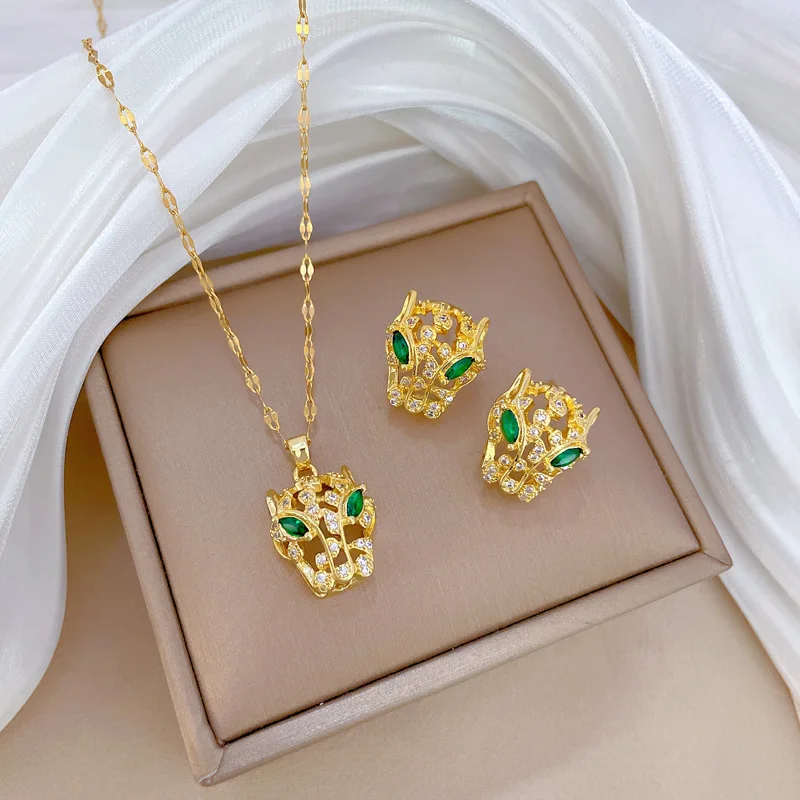 316L Stainless Steel Micro Inlaid Zircon Leopard Head Necklace Earrings Stud Women's Gold Color Jewelry Set