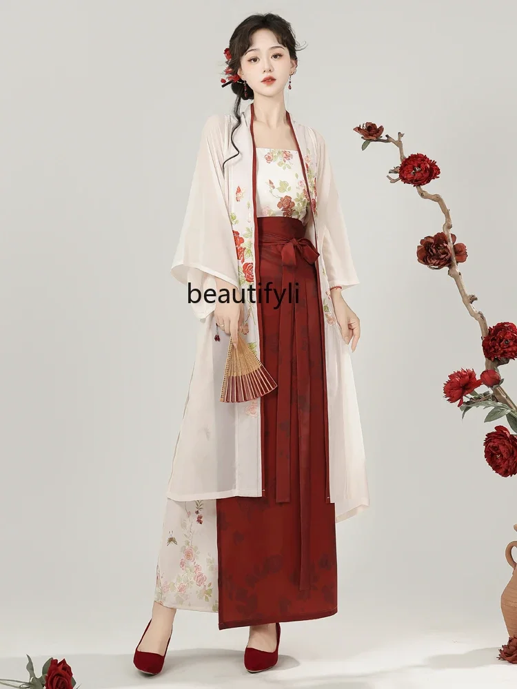 Summer Rose] Women's Han Chinese Clothing Embroidered Changgan Temple Improved Spin Skirt Daily Commute Suit