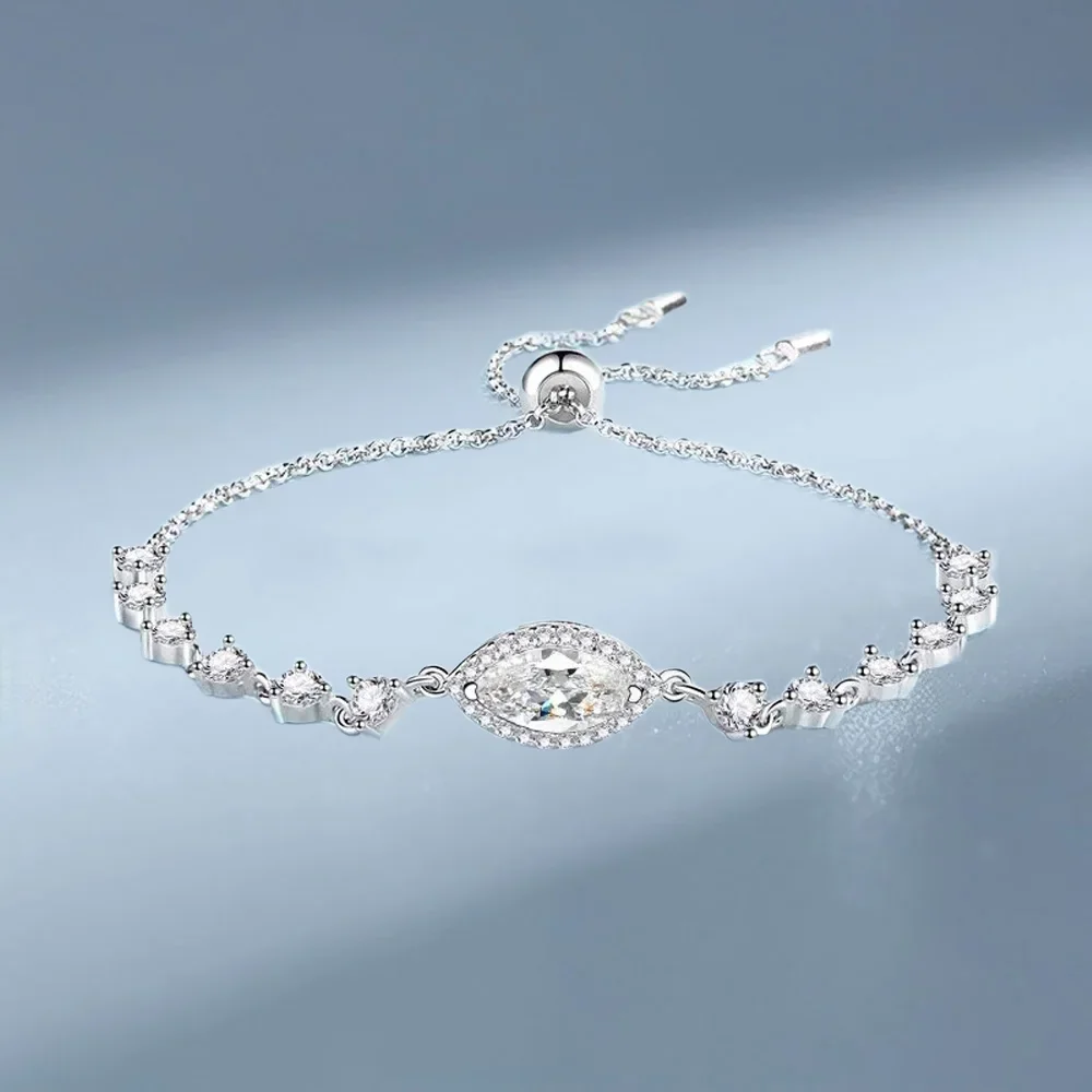 Treasure Blue Horse Eye 1ct Moissanite Diamond Bracelet, Platinum PT950 Chain Bracelet for Women Stretch Adjustable Personality