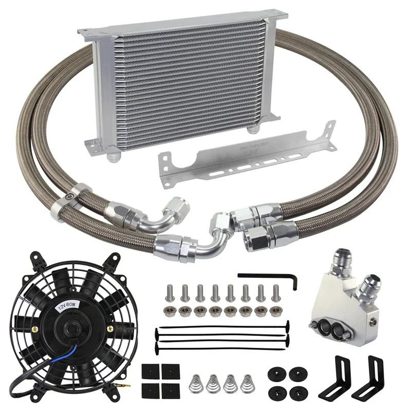 Universal Oil Cooler 22/25 Row +LS1 LS2 LS3 Adapter+Oil Lines+Bracket Kit+ 7'' Fan Kit 1997-2019 Silver