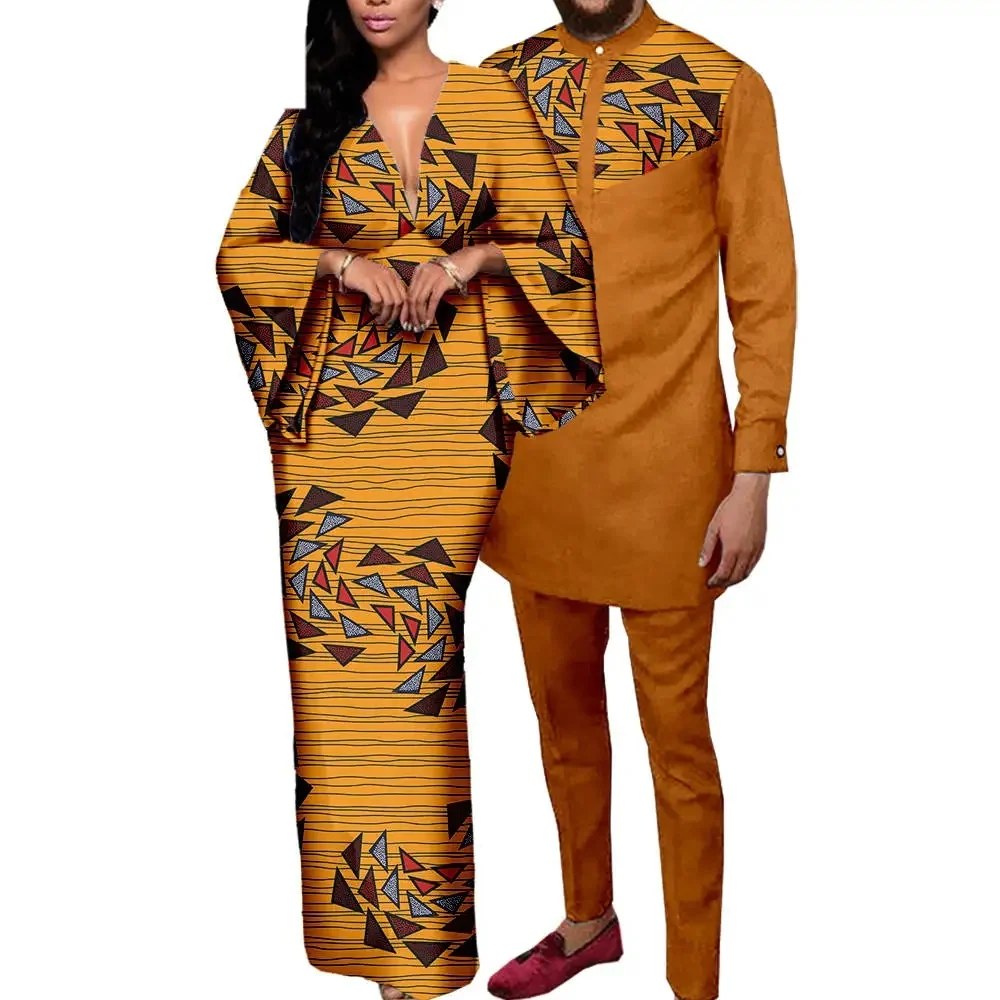 Sale! African Print V-neck Dresses for Women Couple Matching Men Outfits Top and Pant Sets Dashiki Bazin Riche Lover Outwear