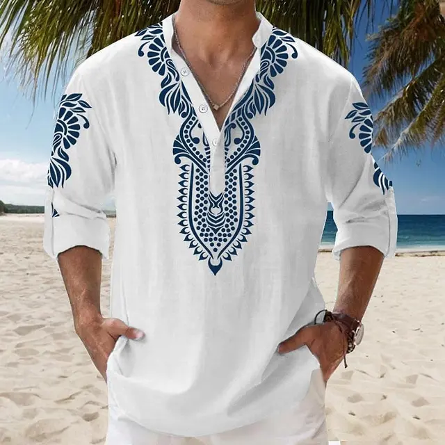 Jesienne koszule Henley w stylu etnicznym z nadrukiem 3D Bluzka męska Casual Fashion Vintage Stójka Koszula z długim rękawem Odzież męska