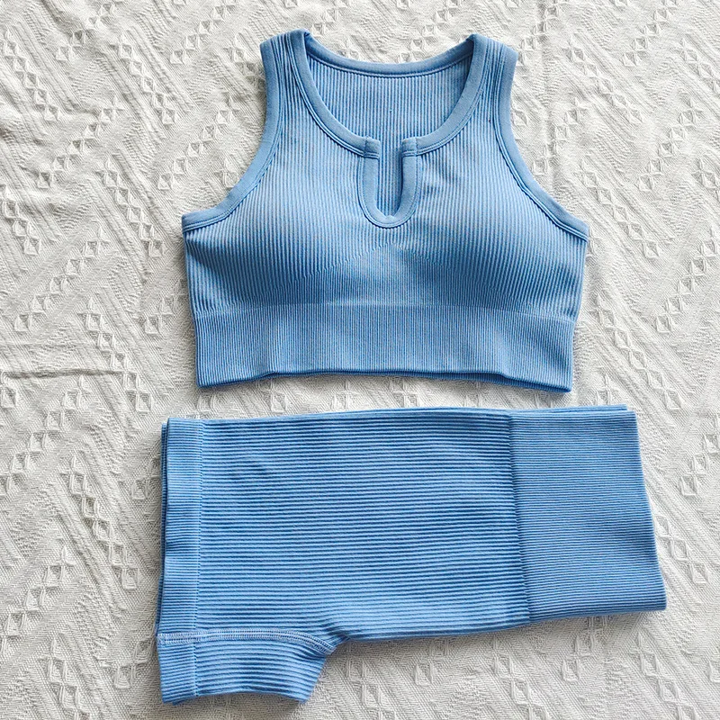 Yoga Clothes European and American Hot Chest-Breaking Sports Bra Set Solid Color U-Neck Vest Sports Shorts Suit for Women