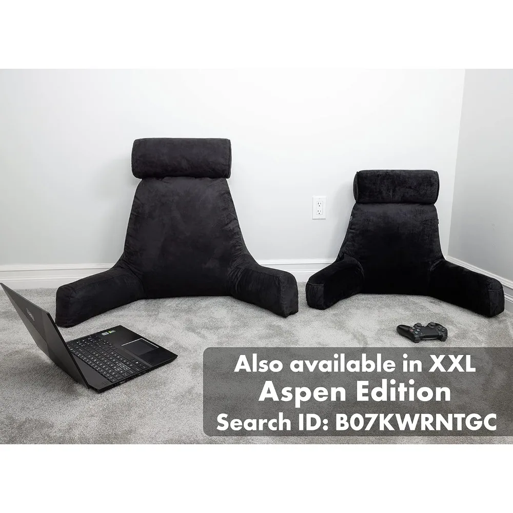 وسادة سوداء مستقرة متوسطة الحجم ومريحة للغاية مع أذرع لقراءة الجلوس ومسند السرير، لفة رقبة قابلة للفصل لـ Premium S