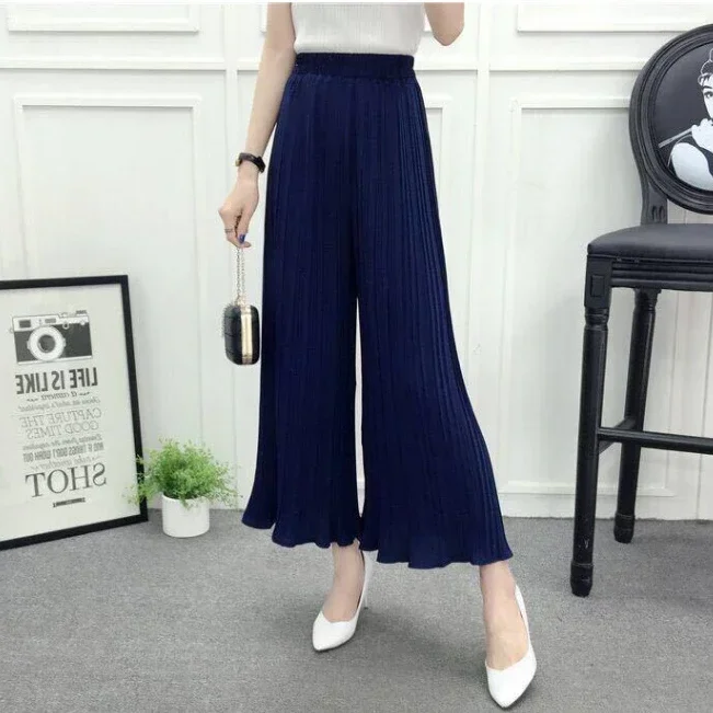 Sommer Neue frauen Hosen Koreanische Mode Feste Elastische Taille Gefaltete Lose Rock Hosen Plus Größe Casual Breite bein abgeschnitten Hosen – Detail 8