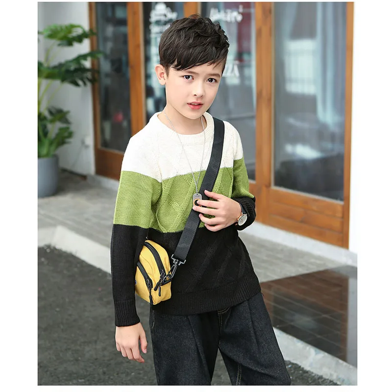 New Autumn Winter Boys Sweater Stripe Splicing Jacquard Round Neck Bottoming Shirt For 2-8 Years Old Kids Knitted Sweater