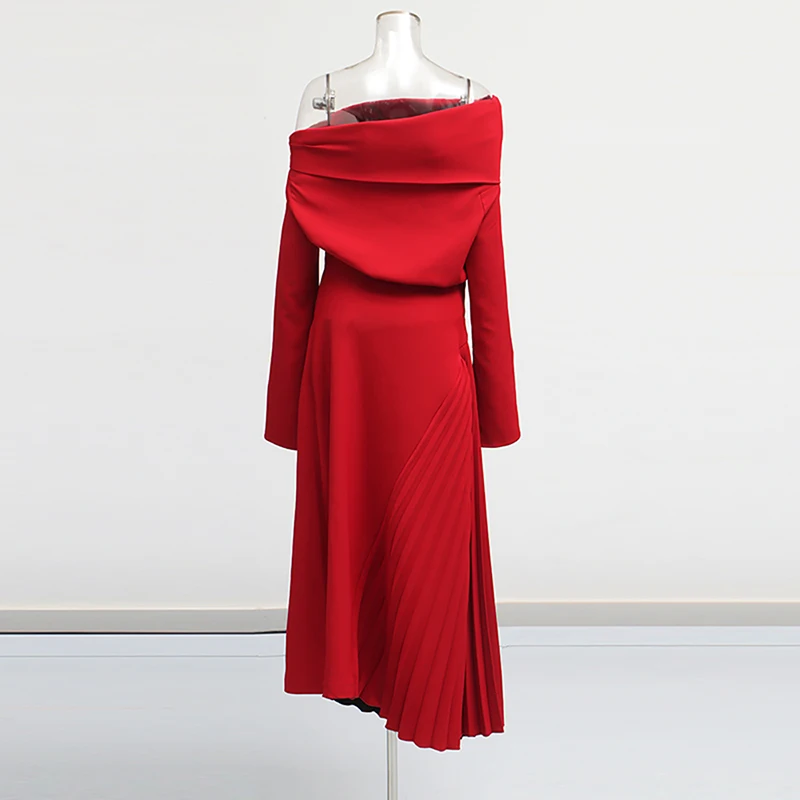 TWOTWINSTYLE Solid Patchwork Pleated Split Dress For Women Slash Neck Long Sleeve High Waist Temperament Dresses Female Style