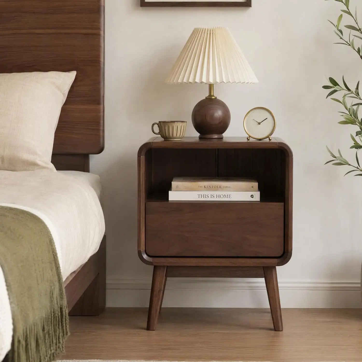 Walnut Night Stand Set of 2, Solid Wood Nightstand with Drawer, Walnut Bedside Table, Mid Century Modern, Customized