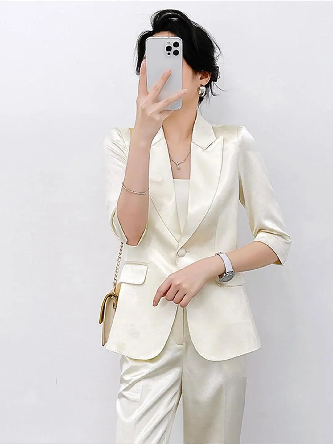 

High-End Career Women's Summer Thin Acetate Suit Two-Piece Set Fashionable Professional Workwear Korean Style Slim Fit Shirt