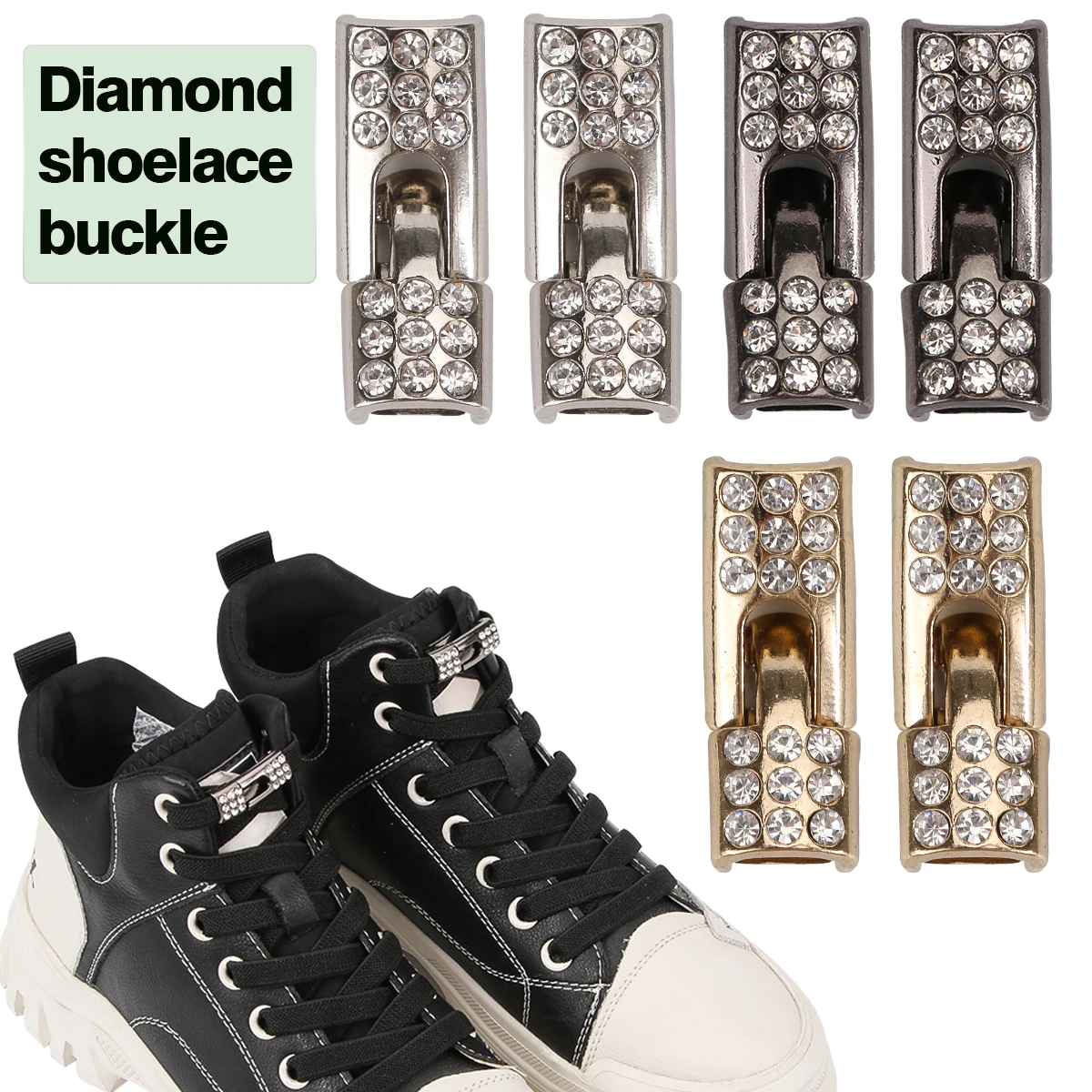 2 Pcs with Bling Diamond Charms the Sneaker Buckles, Diamond Shoelace Buckle, Lazy Man's Shoelace Buckle, Black, Silver, Golden
