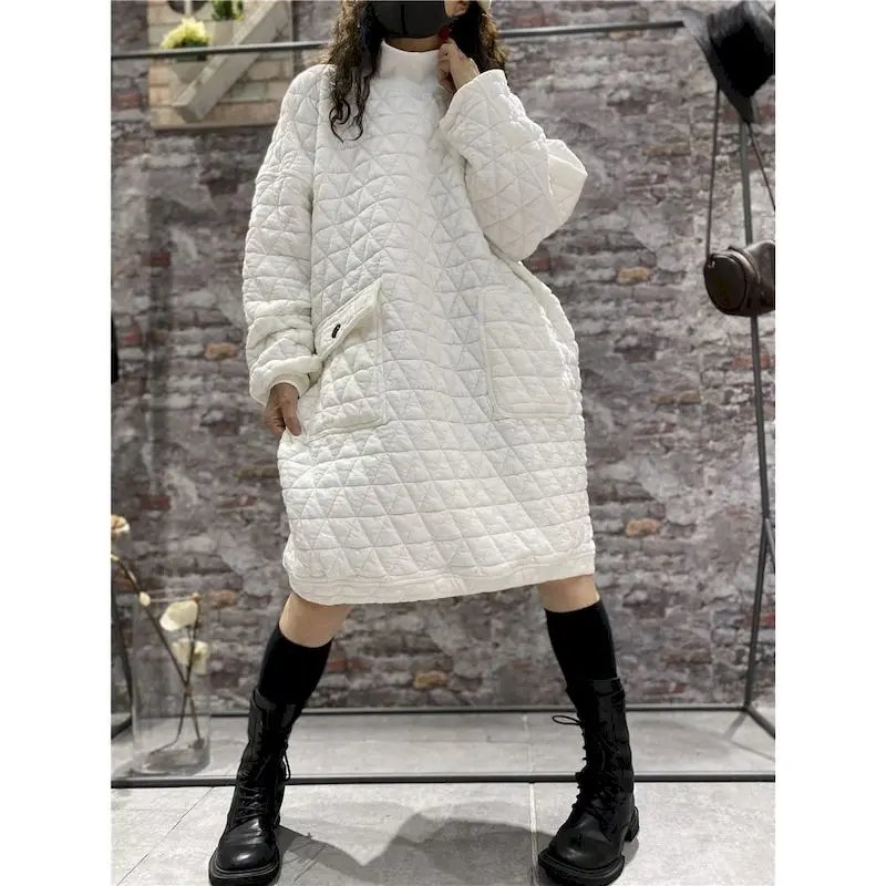 Quilted Pullovers Coat Women Fashion Diamond Check Mid-length Pullover Autumn Winter Trend Vintage Tops Thickened Cotton Coats