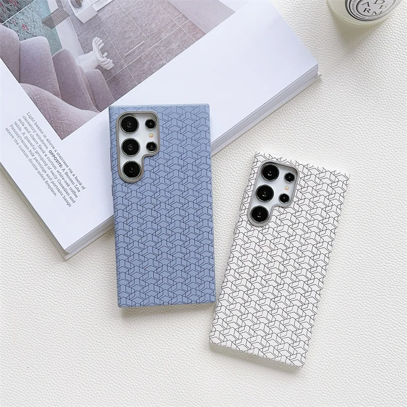 

For Samsung Galaxy S23 S24 S25 Ultra 25 Plus Luxury Plain Leather Plaid Magnetic Phone Case Metal Button Shockproof Back Cover