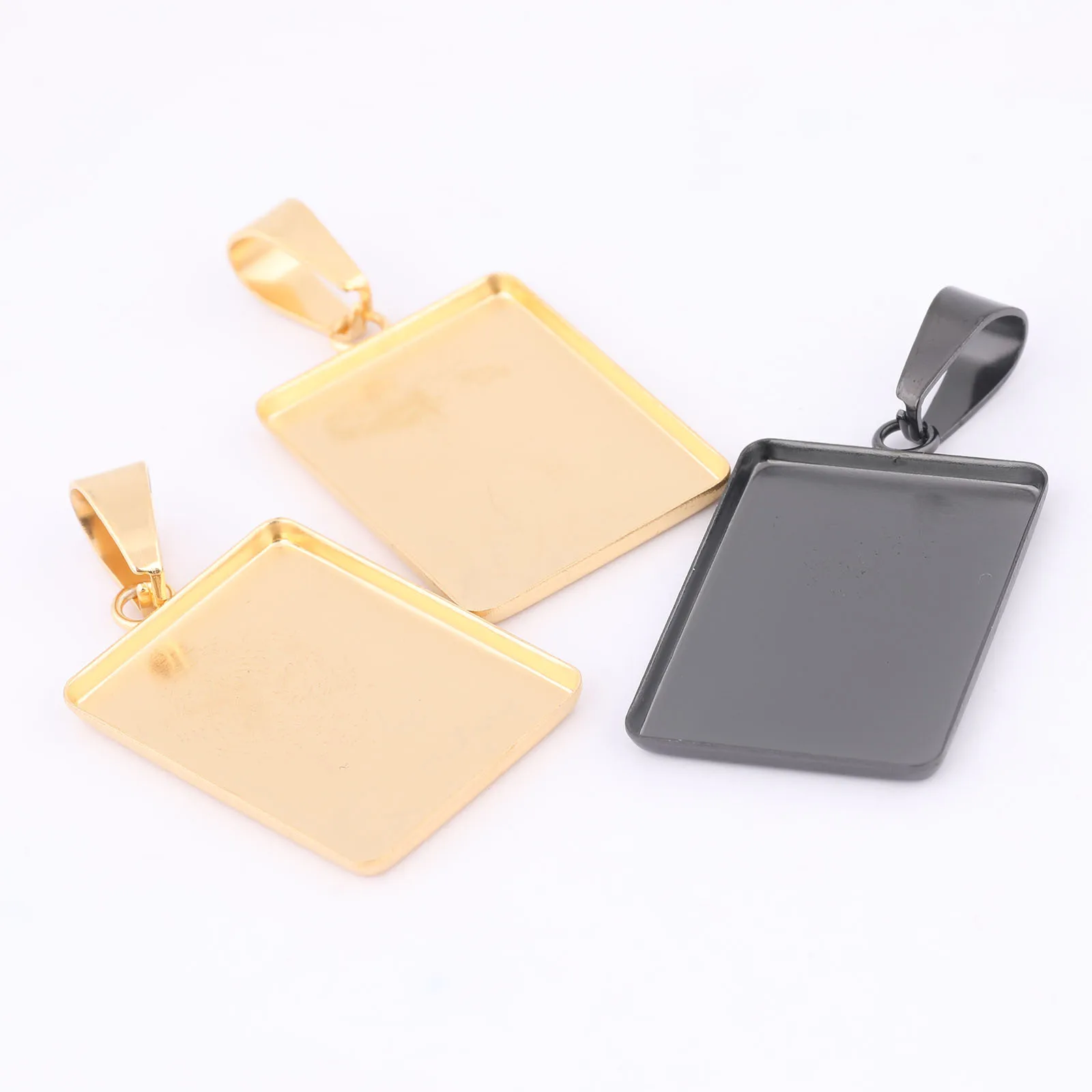 10pcs 18x25mm Rectangle Cabochon Pendant Base Setting Trays Stainless Steel Gold Plated Black Bezel Necklace Blanks