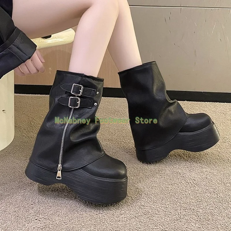 

Коричневые ботильоны в стиле ретро, женские ботинки Lncrease на толстой подошве, брючные ботинки с круглой головкой, ботинки до середины икры на молнии с металлической пряжкой, новые модели