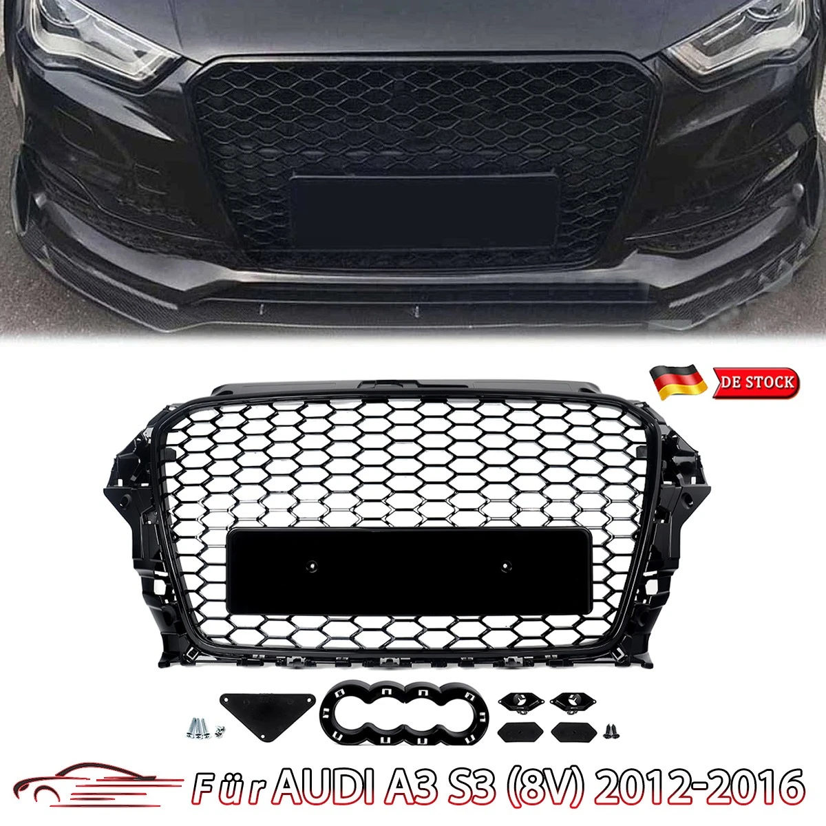 Griglia Anteriore a Nido d'Ape Nera Lucida per Audi A3 S3 8V 2013-2016 (Non RS3 Facelift) - Griglia Radiatore Performance