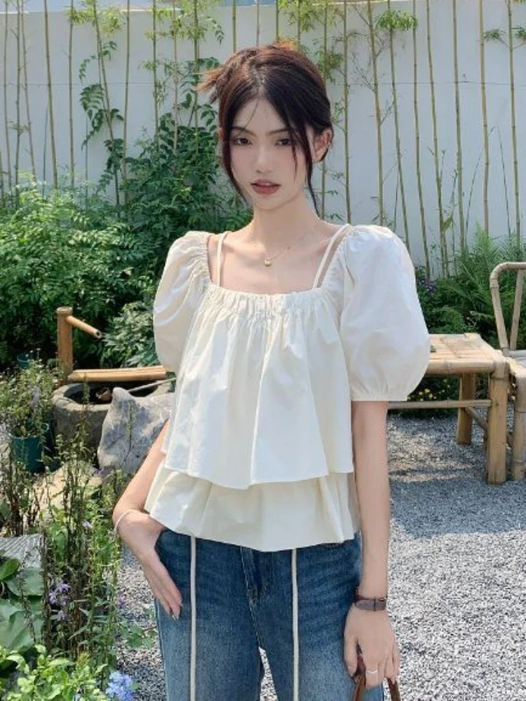 

Square Collar Blouses Women Puff Sleeve Retro All-match Party Harajuku French Style Elegant Summer Casual Streetwear Hotsweet