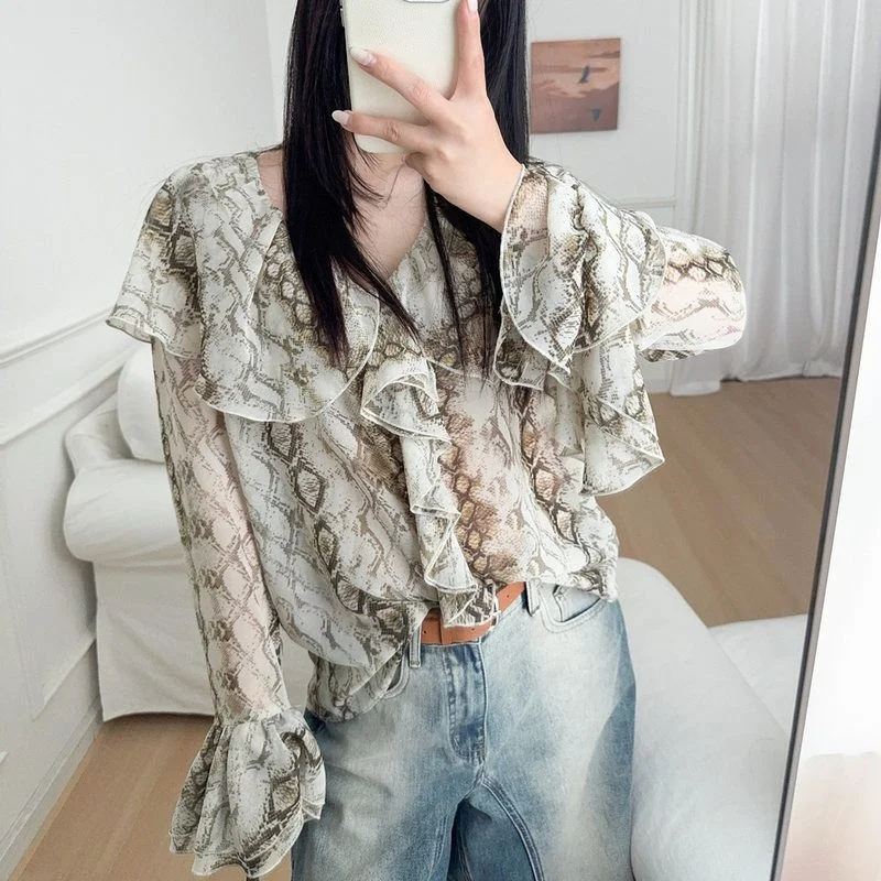 

Мягкая дизайнерская блузка со змеиным принтом V-Ne Long Sve, женская irt French Sle, свободный крой, полиэстер, вискоза, смесь тонкого материала