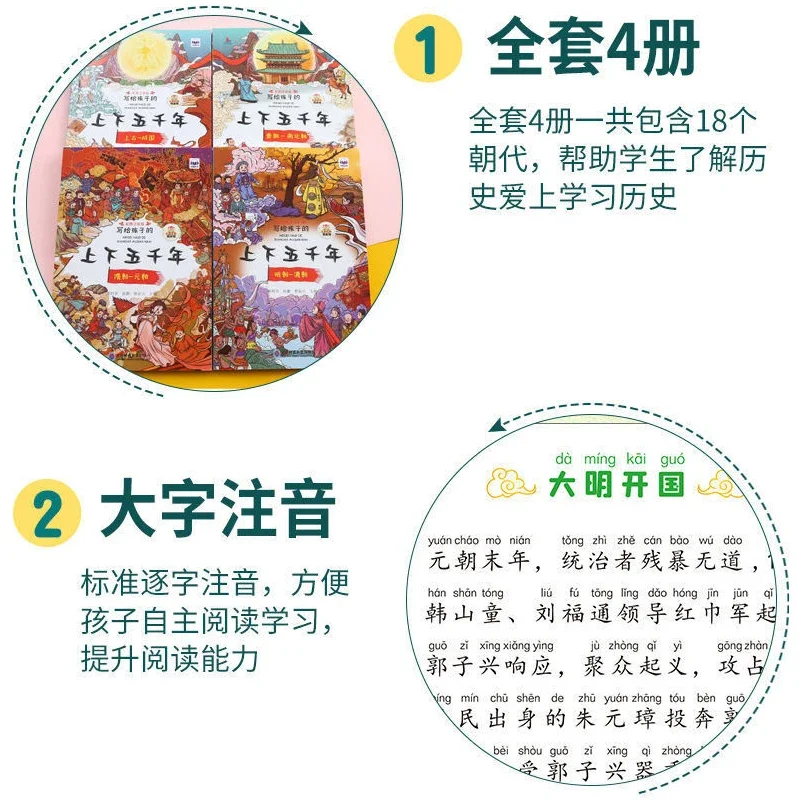 Four Chinese History Story Books for Children In The Five Thousand Year Chinese Phonetic Version Extracurricular Book