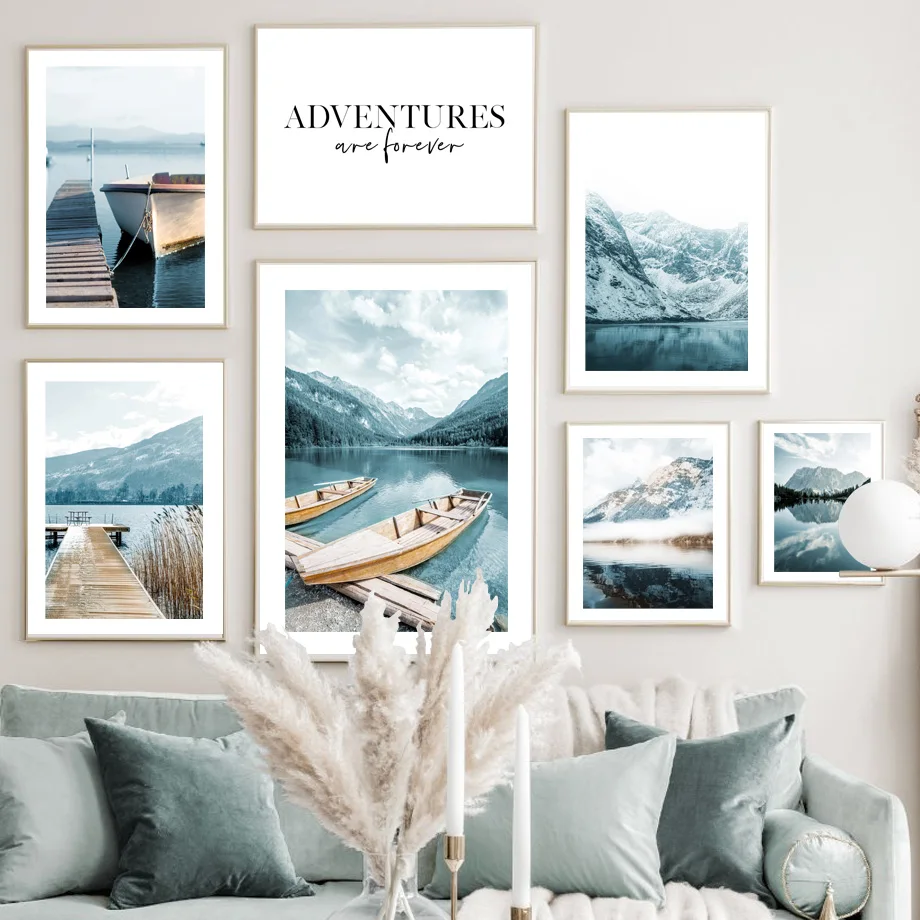 Natural Scenery Wall Art Print Canvas Painting Mountain Forest Lake Pier Boat Wild Grass Waves Poster Pictures Living Room Decor