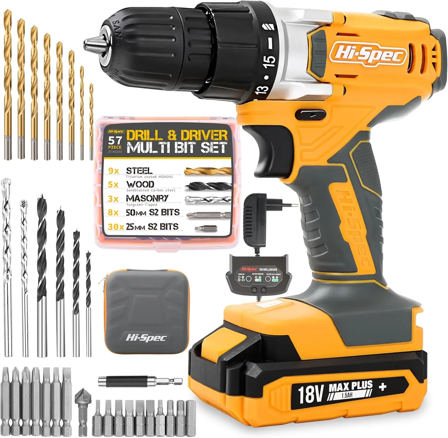 

Spec 58pc Yellow 18V Cordless Power Drill Driver, Bit Set & Case. Complete Home & Garage DIY Tool