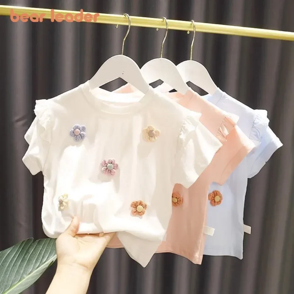 Bear Leader Round Neck Short Sleeved Floral T-shirt Ice Cream Basic Tops Summer Girls Clothes 2-6 Years