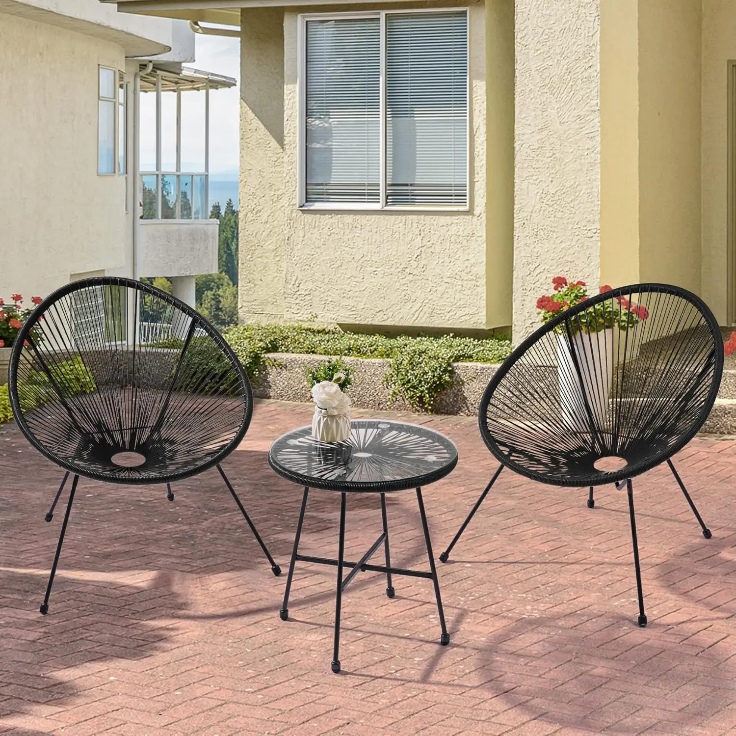 3-Piece Indoor Outdoor Acapulco Chair Set with Tempered Glass Center   All-Weather Woven Patio Chairs Set for Patio Porch Ba