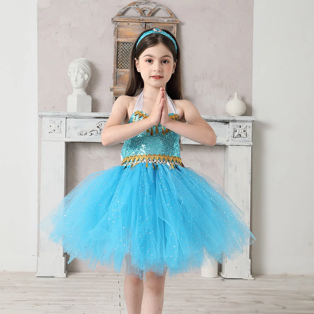 Halloween Blue Sequin Tulle Tutu Dress Glitter Mesh Gown Layered Flowy Shimmer Formal Tutu Outfit Cute Sparkling Sheer Net Skirt