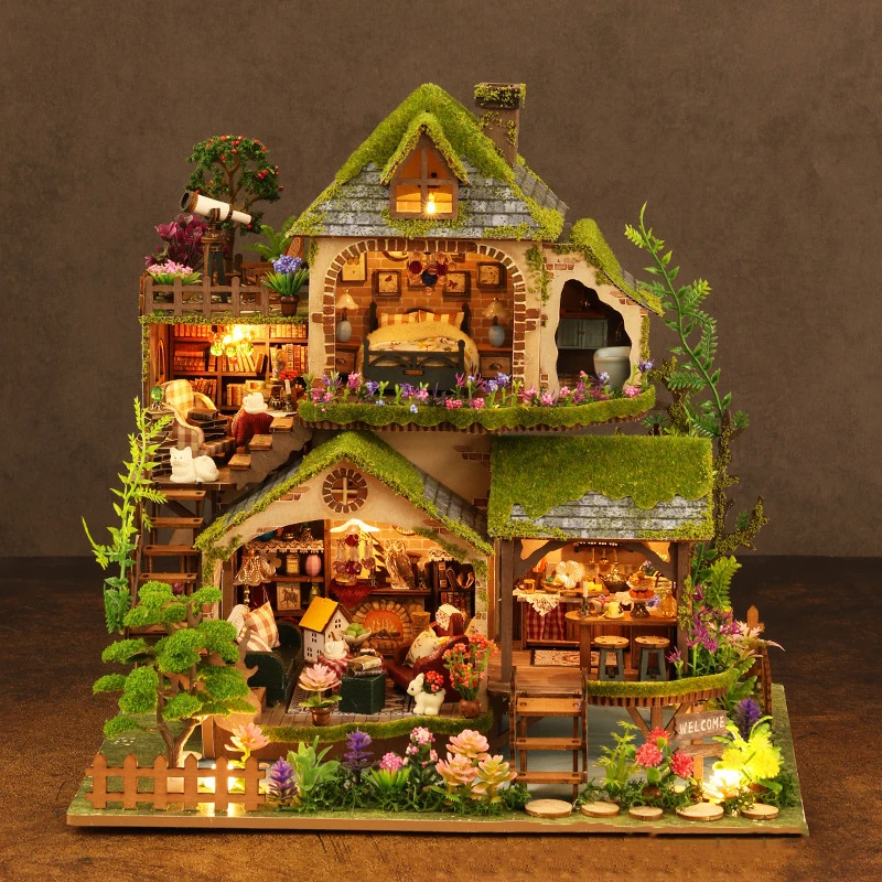 DIY Forest Castle Houten Poppenhuis Miniatuur Met Meubelset 3D Huis Monteer Speelgoed voor Kinderen Volwassen Verjaardagscadeau Casa