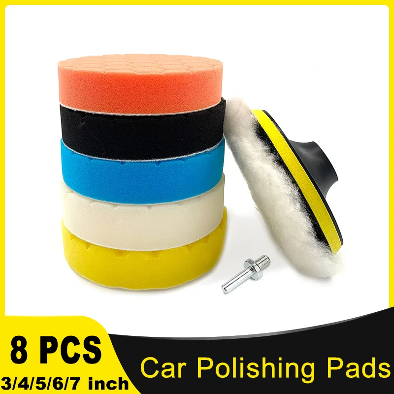 3/4/5/6/7Inch Car Polishing Pads 8Pcs for Drill Buffing Polishing Pads Kit with M10/M14 Drill Adapter for Car Waxing Maintenance