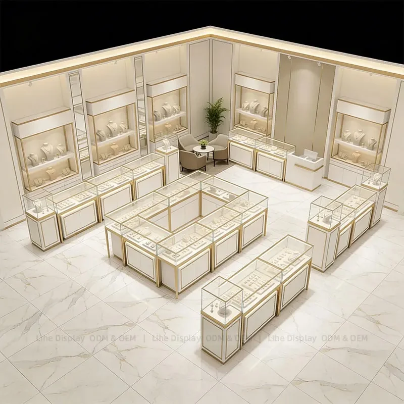 custom.Jewellery Display Cabinet White and LED Lighting Modern Luxury Wood & Glass Retail Interior Decoration