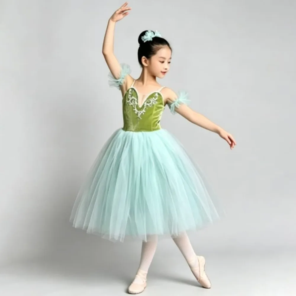 Light Green Professional Ballet Dress Kids Competition Tulle Tutu Skirt Fairy Long Dress For Girls Women Stage Performance Dance